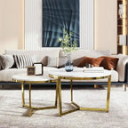 Lot de 2 tables basses gigognes modernes rondes avec plateau effet marbre et piètement doré