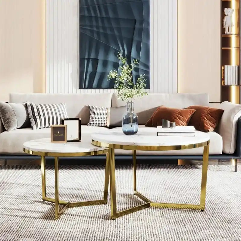 Lot de 2 tables basses gigognes modernes rondes avec plateau effet marbre et piètement doré
