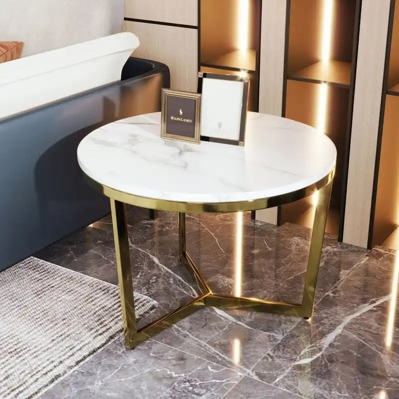 Lot de 2 tables basses gigognes modernes rondes avec plateau effet marbre et piètement doré