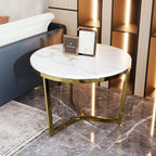 Lot de 2 tables basses gigognes modernes rondes avec plateau effet marbre et piètement doré