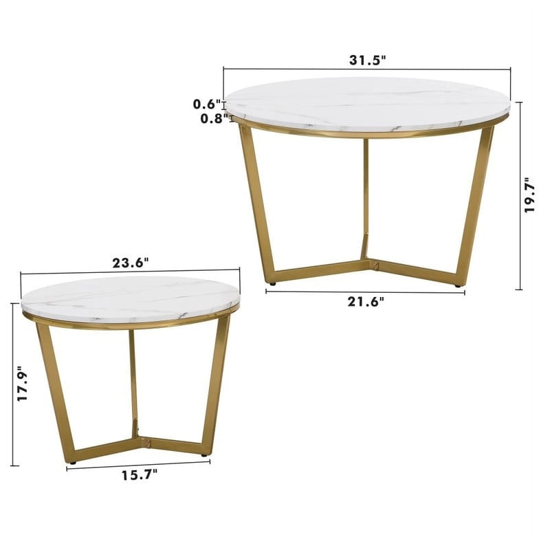 Lot de 2 tables basses gigognes modernes rondes avec plateau effet marbre et piètement doré