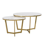 Lot de 2 tables basses gigognes modernes rondes avec plateau effet marbre et piètement doré
