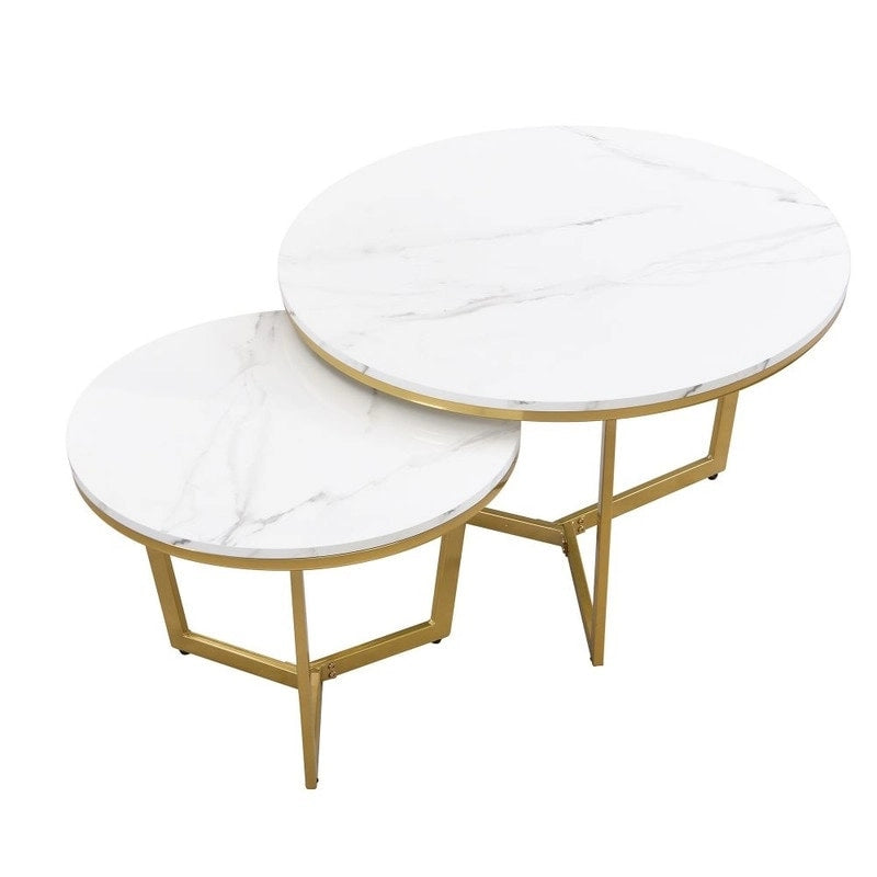 Lot de 2 tables basses gigognes modernes rondes avec plateau effet marbre et piètement doré