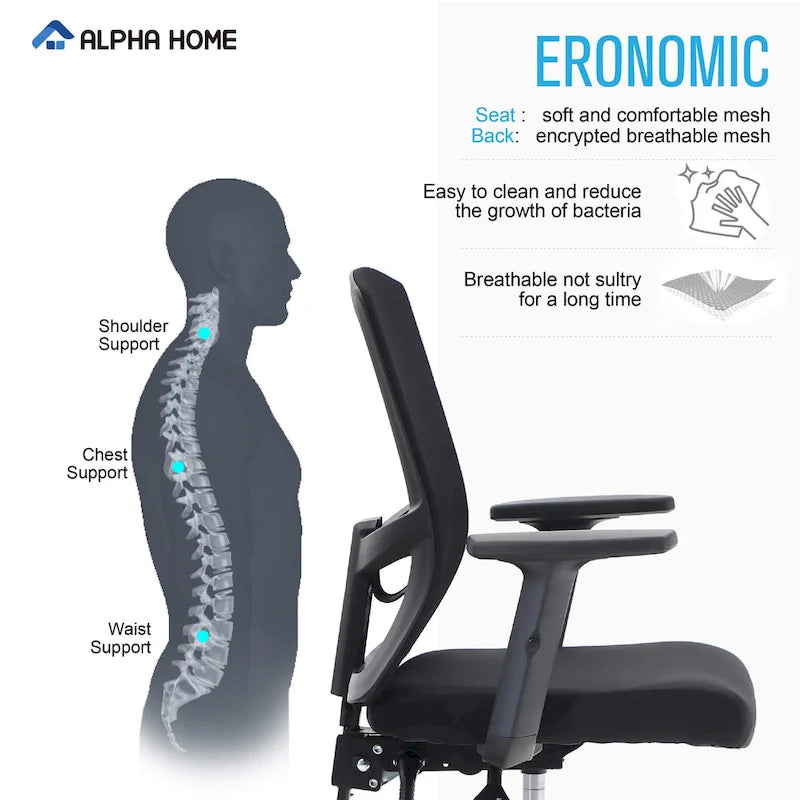 ALPHA HOME Chaise de bureau en maille à dossier haut, appuie-tête réglable, accoudoir, fauteuil inclinable roulant et pivotant