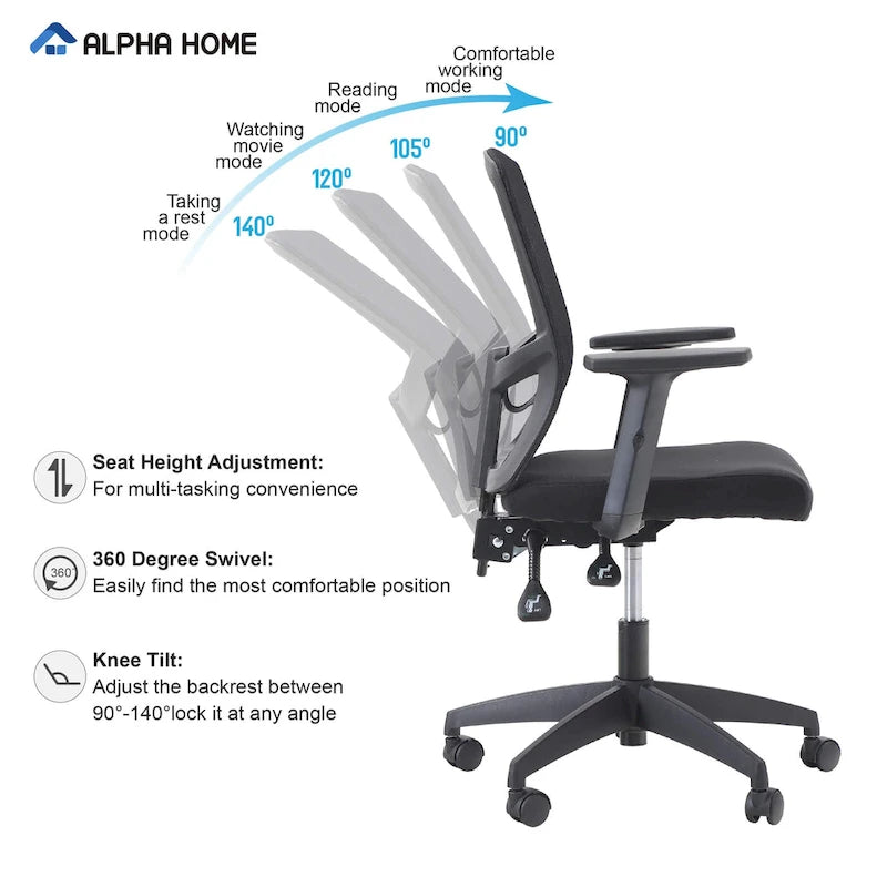 ALPHA HOME Chaise de bureau en maille à dossier haut, appuie-tête réglable, accoudoir, fauteuil inclinable roulant et pivotant