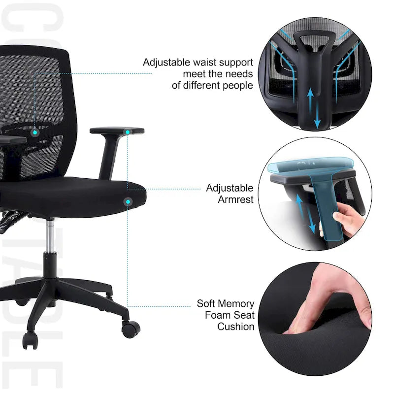ALPHA HOME Chaise de bureau en maille à dossier haut, appuie-tête réglable, accoudoir, fauteuil inclinable roulant et pivotant