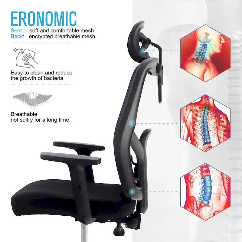 ALPHA HOME Chaise de bureau en maille à dossier haut, appuie-tête réglable, accoudoir, fauteuil inclinable roulant et pivotant