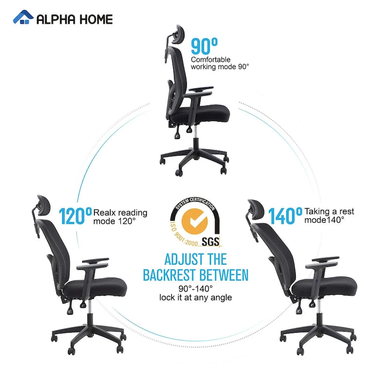 ALPHA HOME Chaise de bureau en maille à dossier haut, appuie-tête réglable, accoudoir, fauteuil inclinable roulant et pivotant