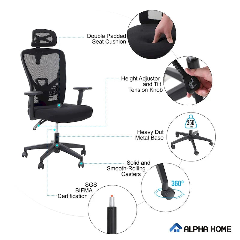 ALPHA HOME Chaise de bureau en maille à dossier haut, appuie-tête réglable, accoudoir, fauteuil inclinable roulant et pivotant