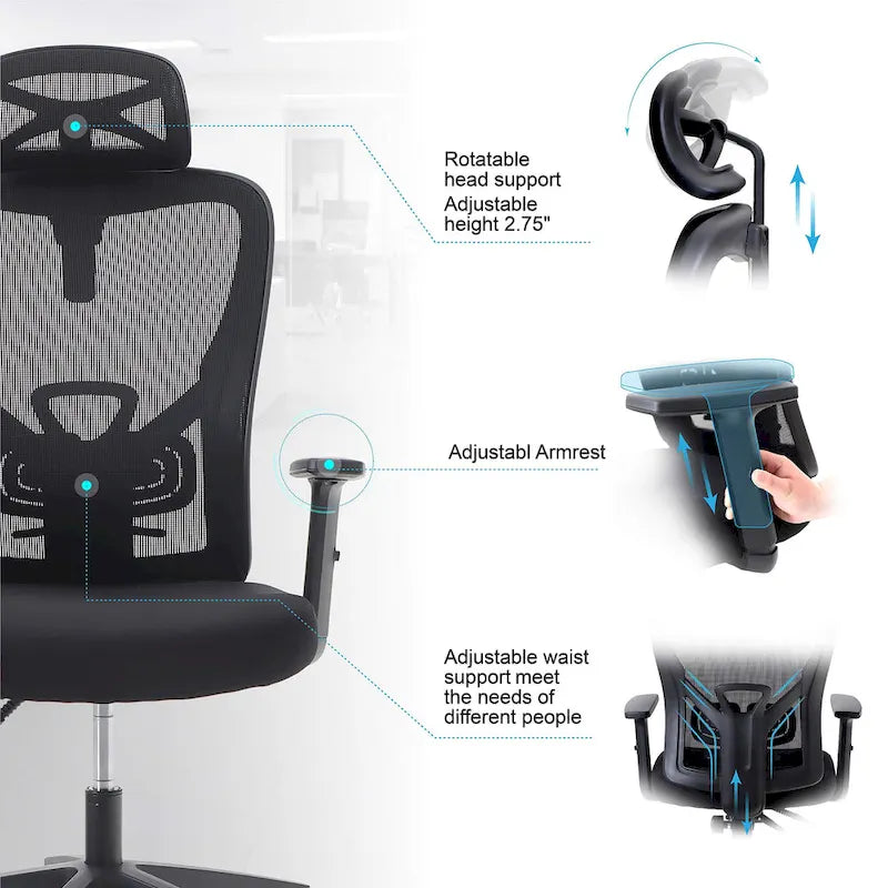ALPHA HOME Chaise de bureau en maille à dossier haut, appuie-tête réglable, accoudoir, fauteuil inclinable roulant et pivotant