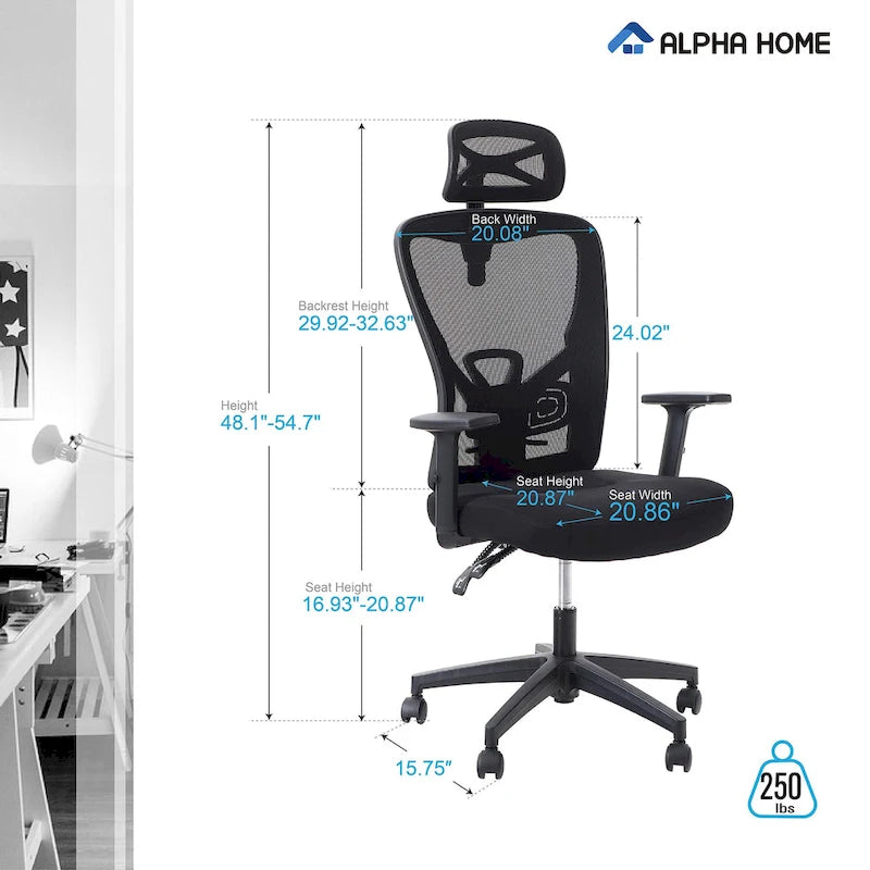 ALPHA HOME Chaise de bureau en maille à dossier haut, appuie-tête réglable, accoudoir, fauteuil inclinable roulant et pivotant