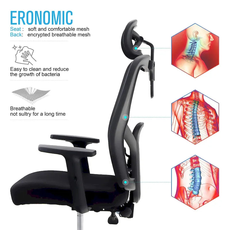 ALPHA HOME Chaise de bureau en maille à dossier haut, appuie-tête réglable, accoudoir, fauteuil inclinable roulant et pivotant