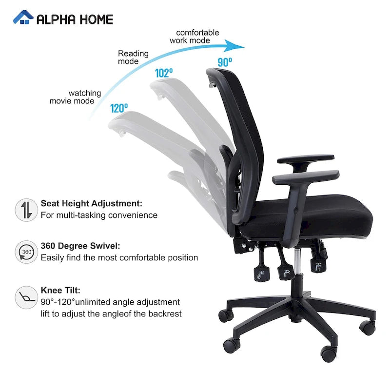 ALPHA HOME Chaise de bureau en maille à dossier haut, appuie-tête réglable, accoudoir, fauteuil inclinable roulant et pivotant