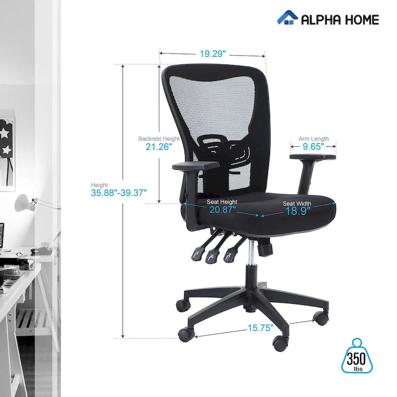 ALPHA HOME Chaise de bureau en maille à dossier haut, appuie-tête réglable, accoudoir, fauteuil inclinable roulant et pivotant
