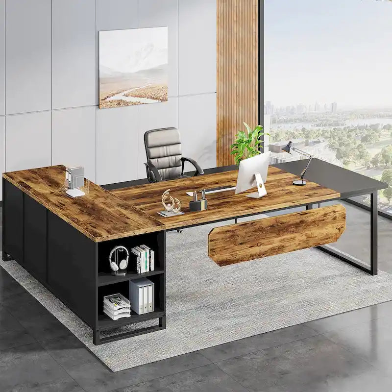 70.8 Executive Desk with 55 File Cabinet, Large L-Shaped Office Computer Desk with Storage Shelves and Cabinet