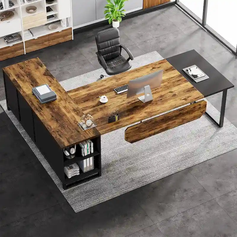 Ensemble de bureau de direction en L avec classeur et support pour imprimante