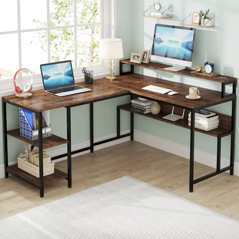 59 Bureau d'angle en forme de L avec support de moniteur et étagère de rangement, grand bureau de travail réversible pour le bureau à domicile