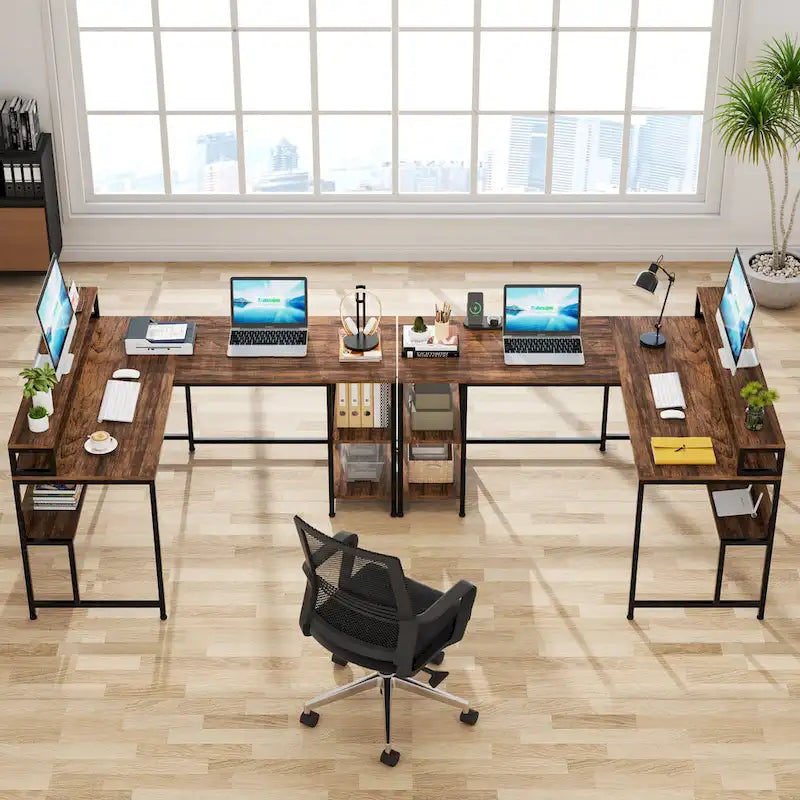 59 Bureau d'angle en forme de L avec support de moniteur et étagère de rangement, grand bureau de travail réversible pour le bureau à domicile
