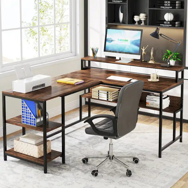 59 Bureau d'angle en forme de L avec support de moniteur et étagère de rangement, grand bureau de travail réversible pour le bureau à domicile