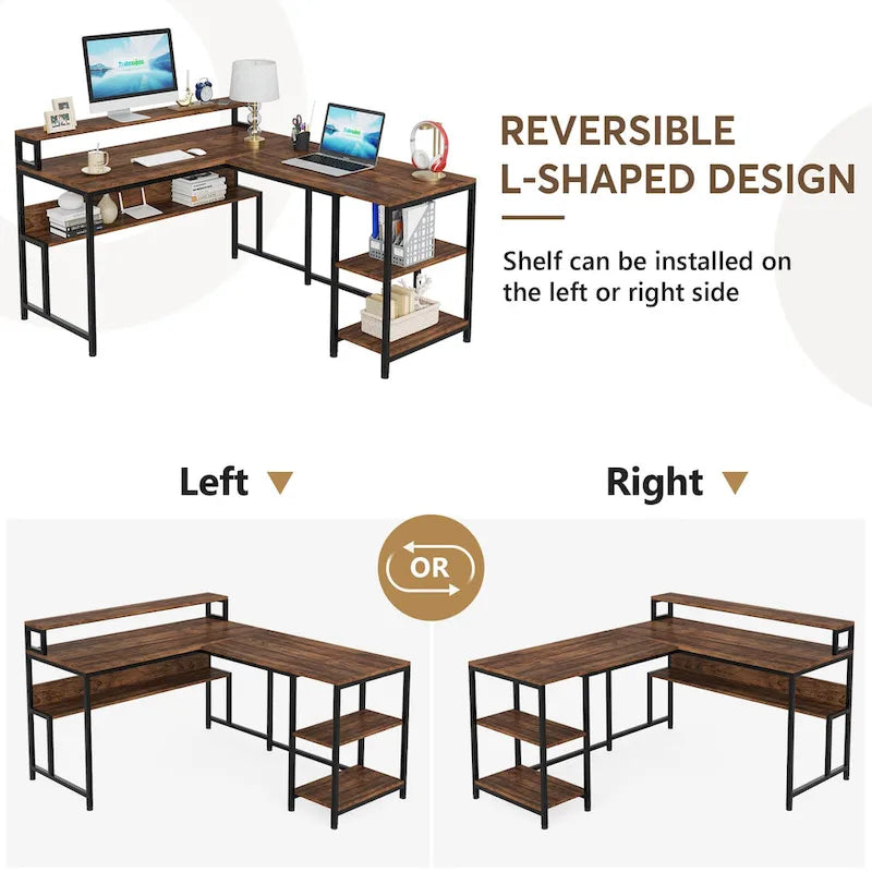 59 Bureau d'angle en forme de L avec support de moniteur et étagère de rangement, grand bureau de travail réversible pour le bureau à domicile
