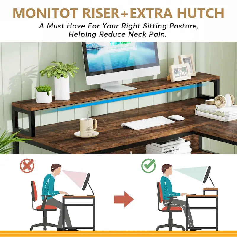 59 Bureau d'angle en forme de L avec support de moniteur et étagère de rangement, grand bureau de travail réversible pour le bureau à domicile