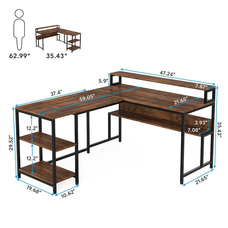 59 Bureau d'angle en forme de L avec support de moniteur et étagère de rangement, grand bureau de travail réversible pour le bureau à domicile