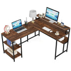 59 Bureau d'angle en forme de L avec support de moniteur et étagère de rangement, grand bureau de travail réversible pour le bureau à domicile