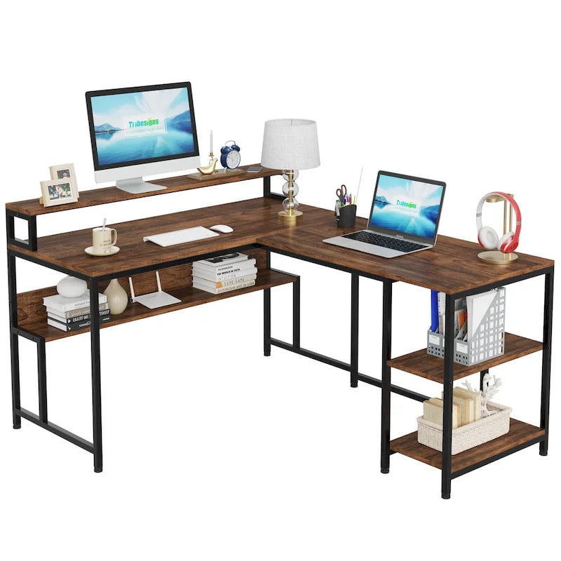 59 Bureau d'angle en forme de L avec support de moniteur et étagère de rangement, grand bureau de travail réversible pour le bureau à domicile
