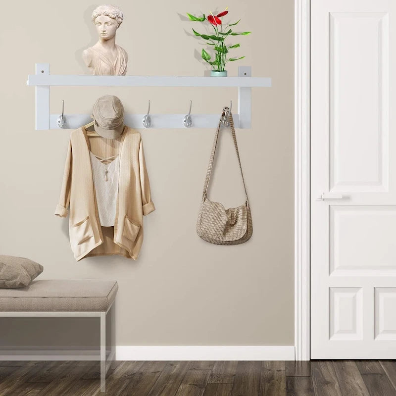 Porte-manteau mural en bambou avec étagère et crochets