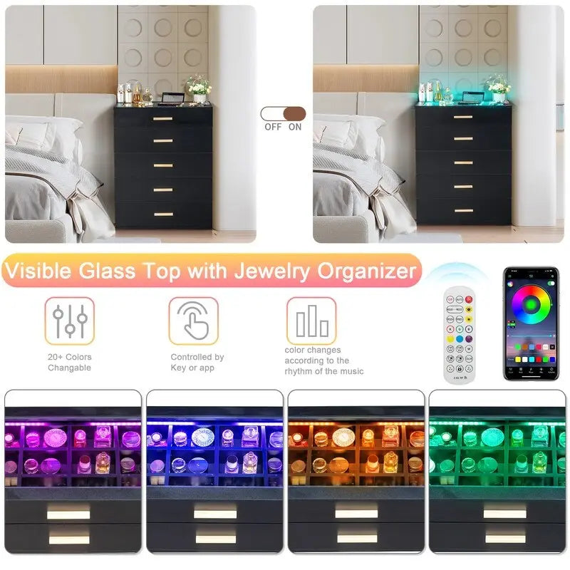 Table de chevet LED avec 5 tiroirs – Commode de chevet moderne