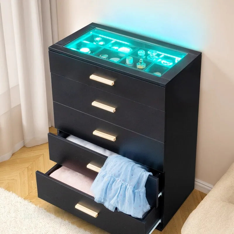 Table de chevet LED avec 5 tiroirs – Commode de chevet moderne