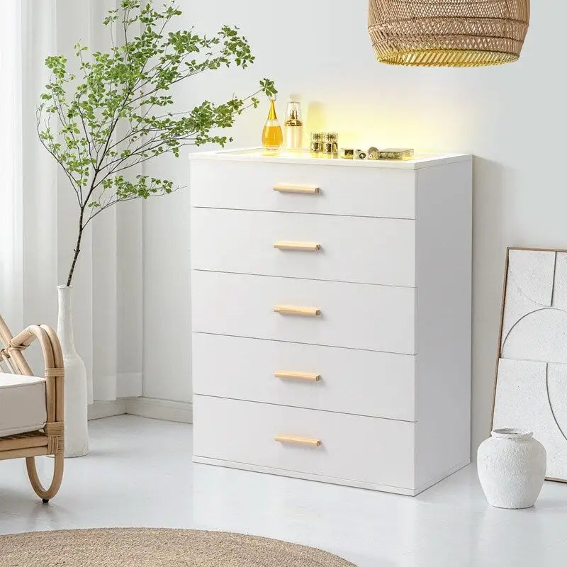 Table de chevet LED avec 5 tiroirs – Commode de chevet moderne