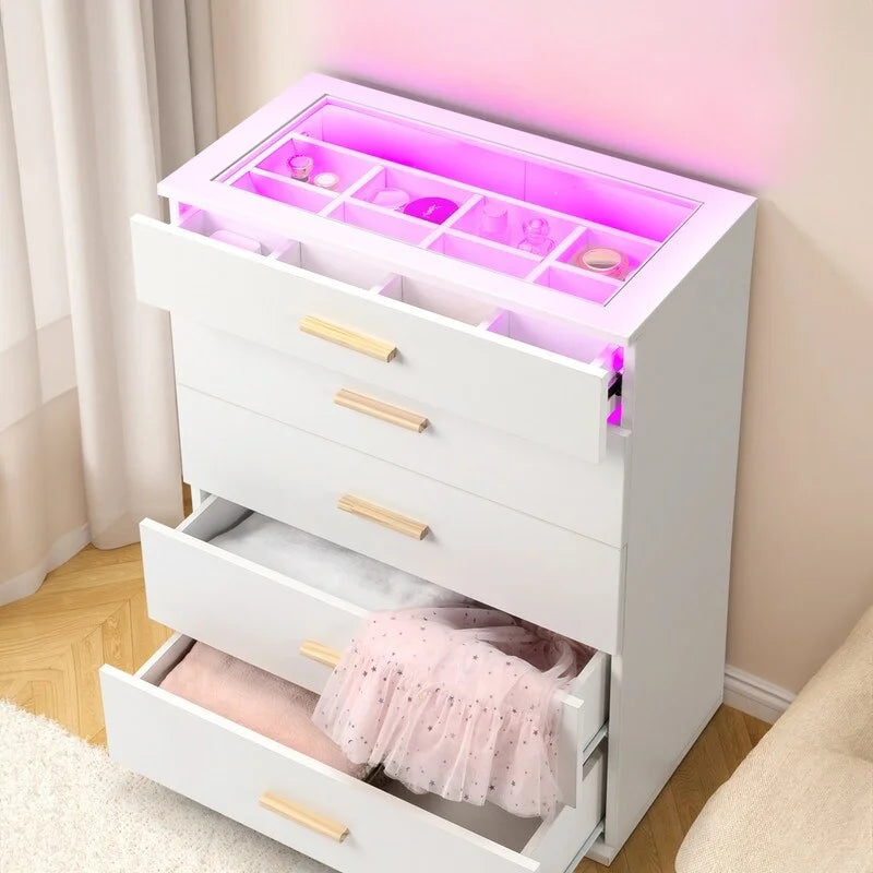 Table de chevet LED avec 5 tiroirs – Commode de chevet moderne
