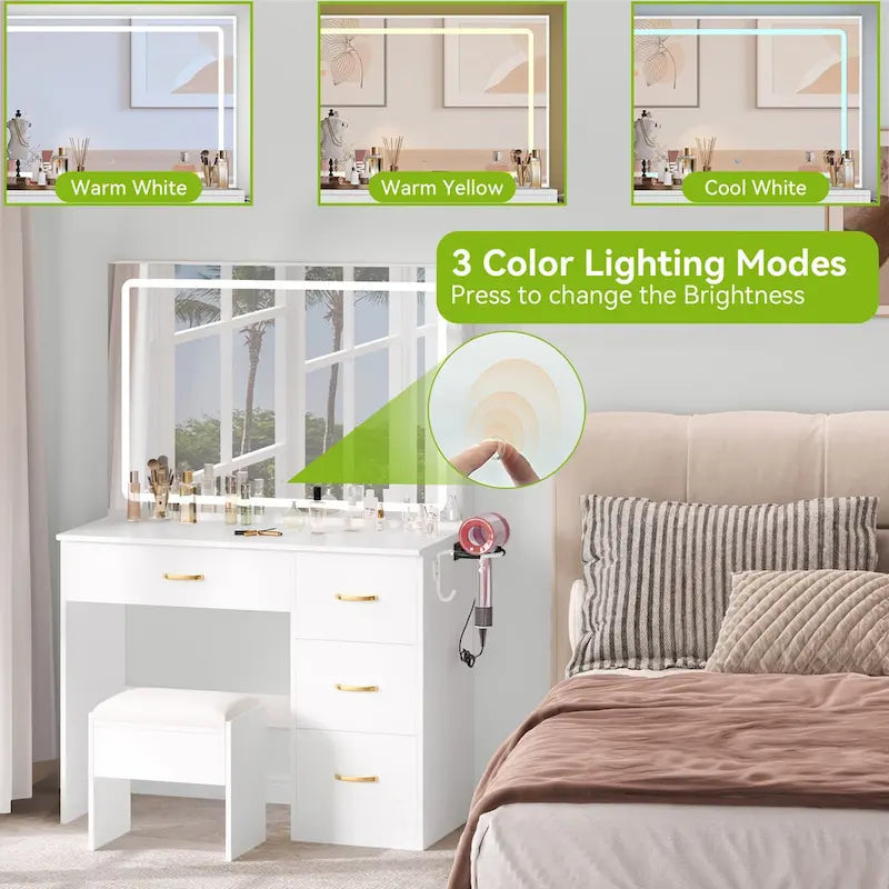 Coiffeuse de maquillage lumineuse à LED avec miroir et tabouret