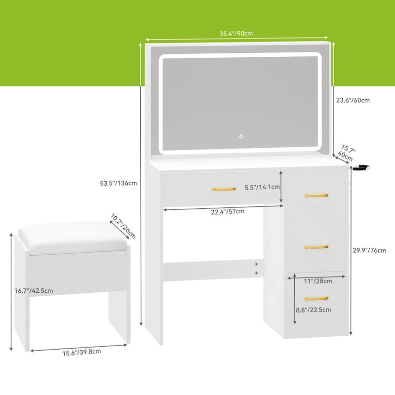 Coiffeuse de maquillage lumineuse à LED avec miroir et tabouret