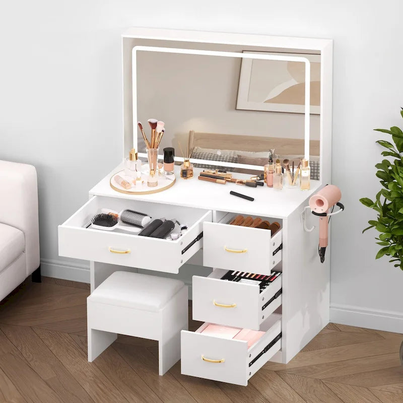 Coiffeuse de maquillage lumineuse à LED avec miroir et tabouret
