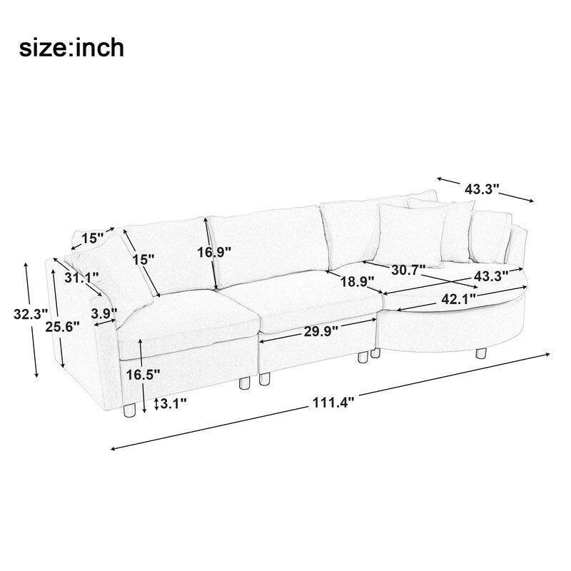 Canapés d'angle modernes et rembourrés avec 3 coussins et assise incurvée