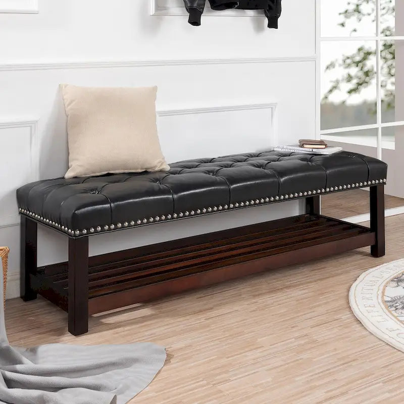 Banc capitonné de 60 pouces avec garniture cloutée et pieds en bois