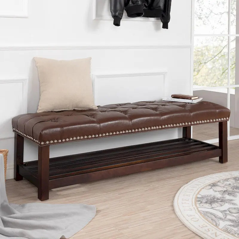 Banc capitonné de 60 pouces avec garniture cloutée et pieds en bois