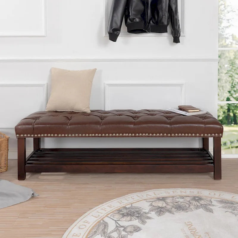 Wooden Base Upholstered Bench for Bedroom for Entryway,60  with Nailhead Trim and Shelf