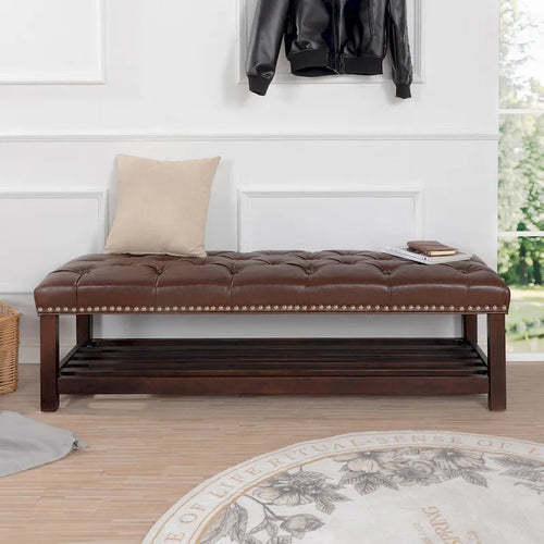 Wooden Base Upholstered Bench for Bedroom for Entryway,60  with Nailhead Trim and Shelf