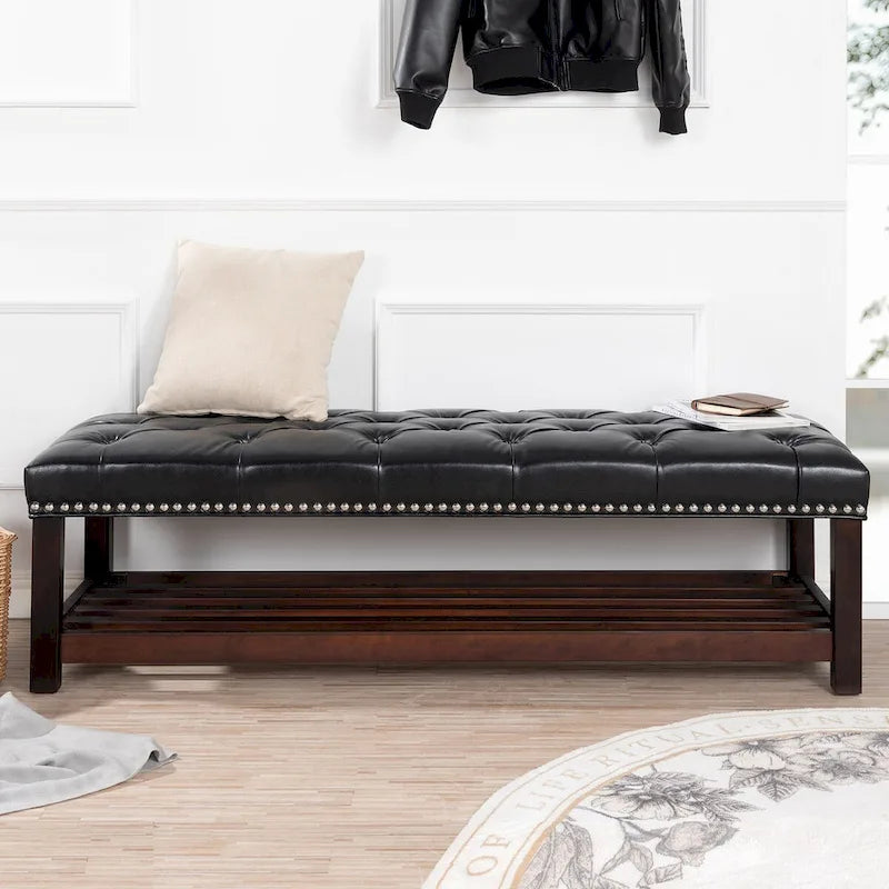 Banc capitonné de 60 pouces avec garniture cloutée et pieds en bois