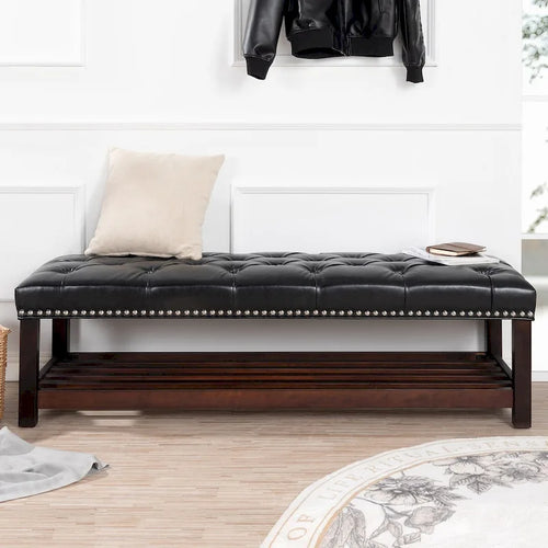Banc capitonné de 60 pouces avec garniture cloutée et pieds en bois