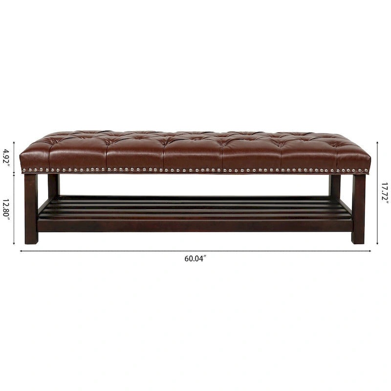Banc capitonné de 60 pouces avec garniture cloutée et pieds en bois