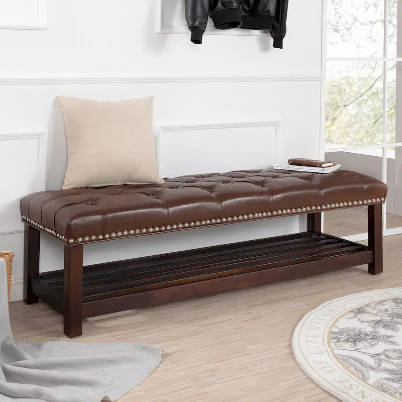 Banc capitonné de 60 pouces avec garniture cloutée et pieds en bois