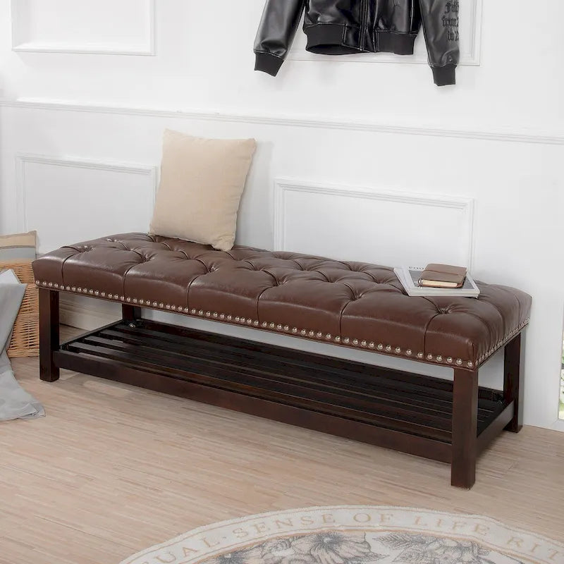 Banc capitonné de 60 pouces avec garniture cloutée et pieds en bois