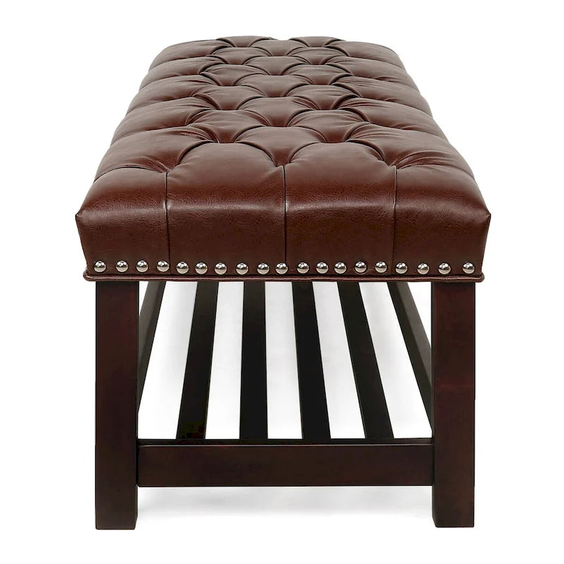 Banc capitonné de 60 pouces avec garniture cloutée et pieds en bois