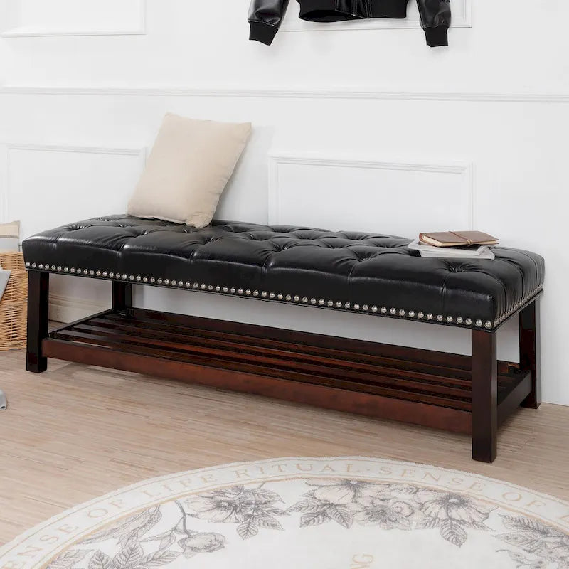 Banc capitonné de 60 pouces avec garniture cloutée et pieds en bois