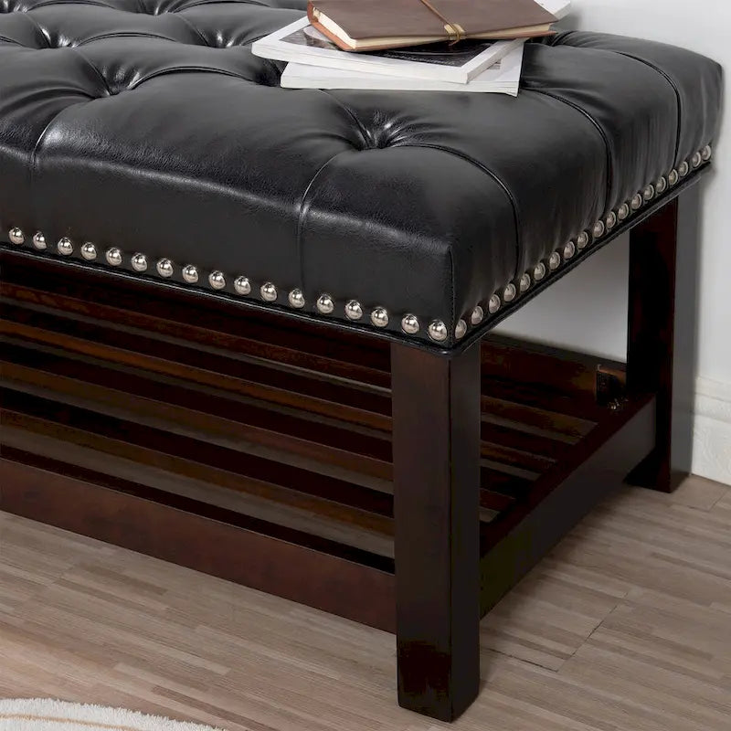Banc capitonné de 60 pouces avec garniture cloutée et pieds en bois