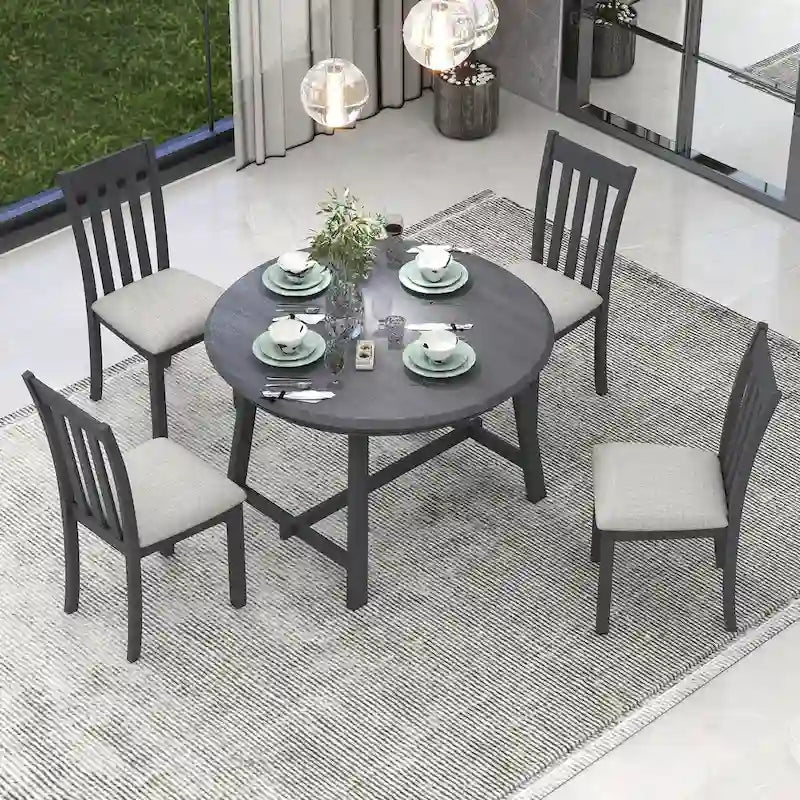 Ensemble de salle à manger 5 pièces avec table ronde extensible et 4 chaises rembourrées